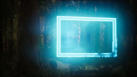 Neon-glowing-rectangle-frame-in-the-night-forest